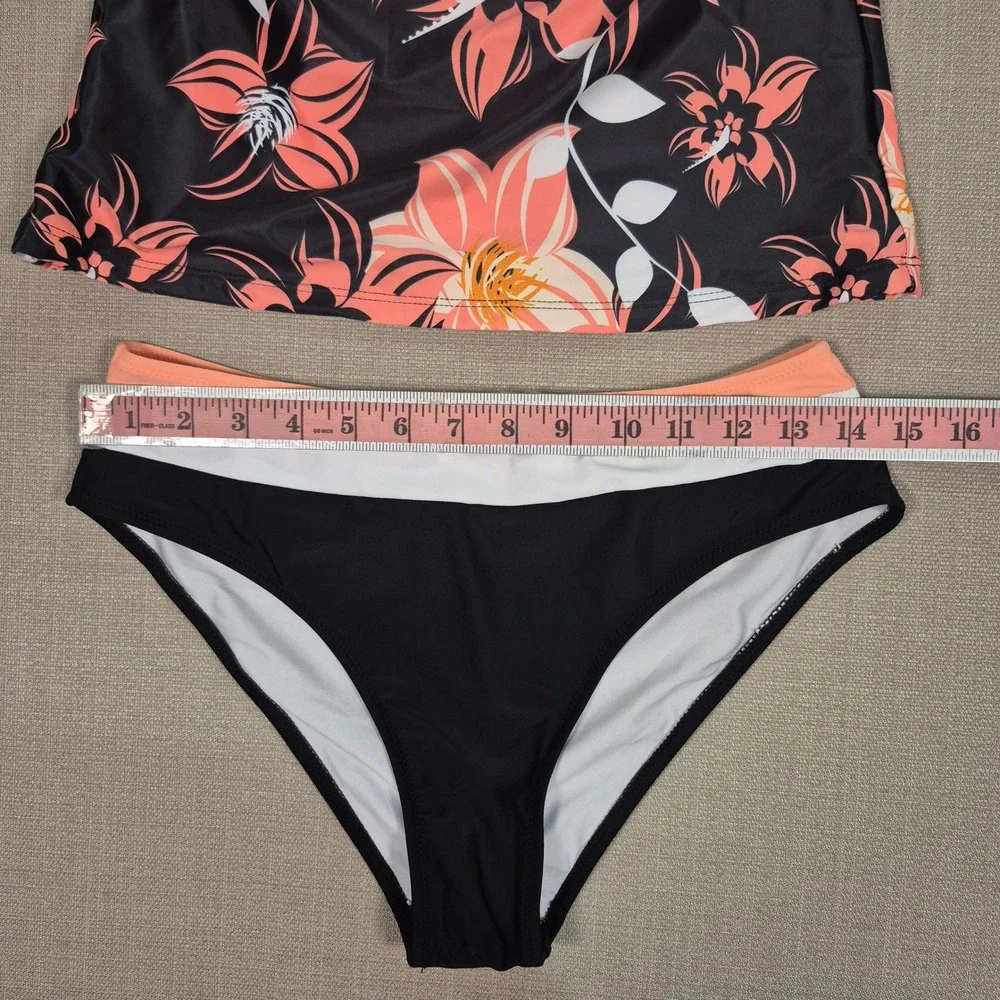 Beachsissi Women Black Coral Floral Bandeau Tankini Swimsuit Set NWT Size M